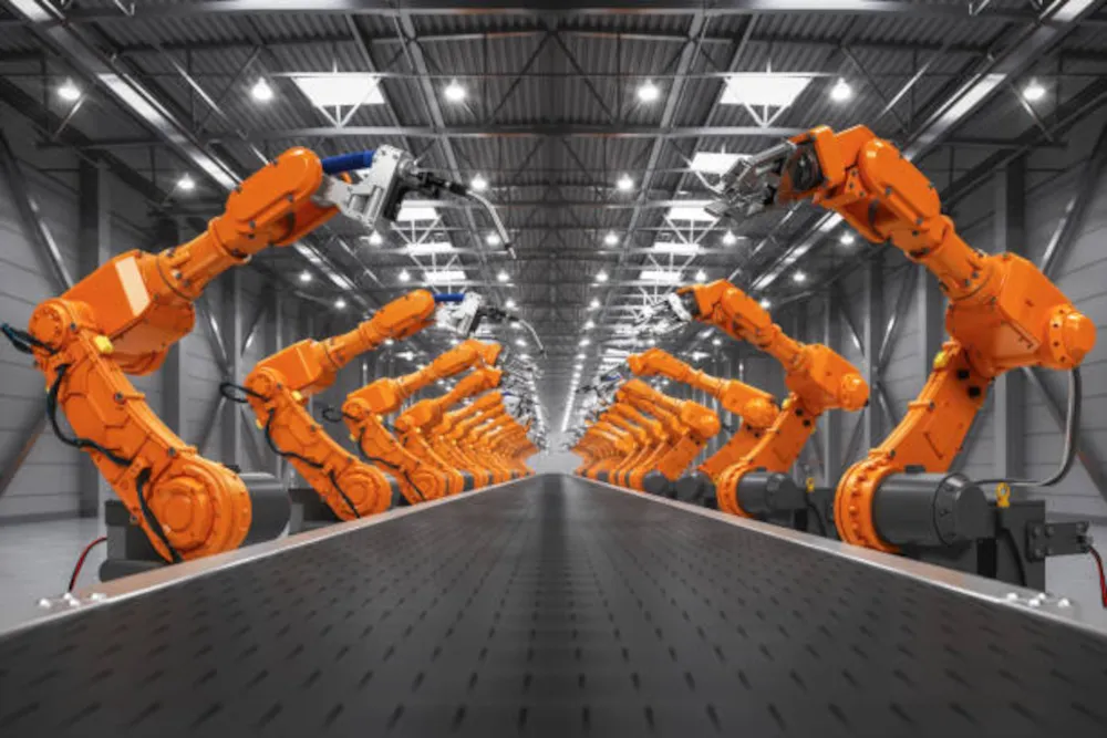 Industrial robots on a factory production line