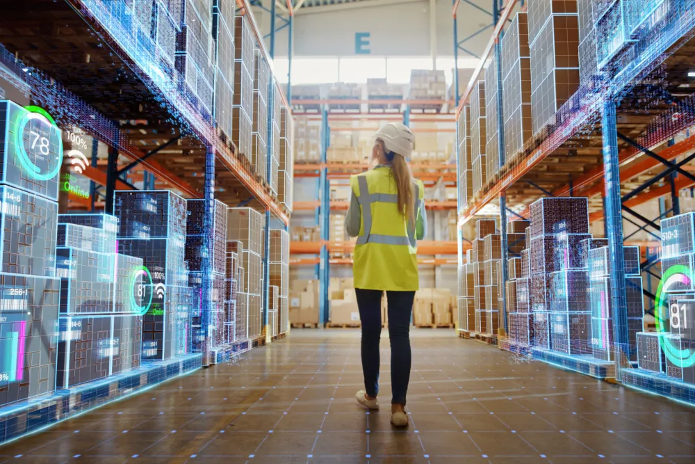 A connected warehouse with shelving and a logistics worker