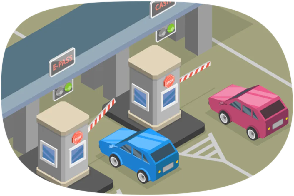 Illustration of connected toll booths and cars