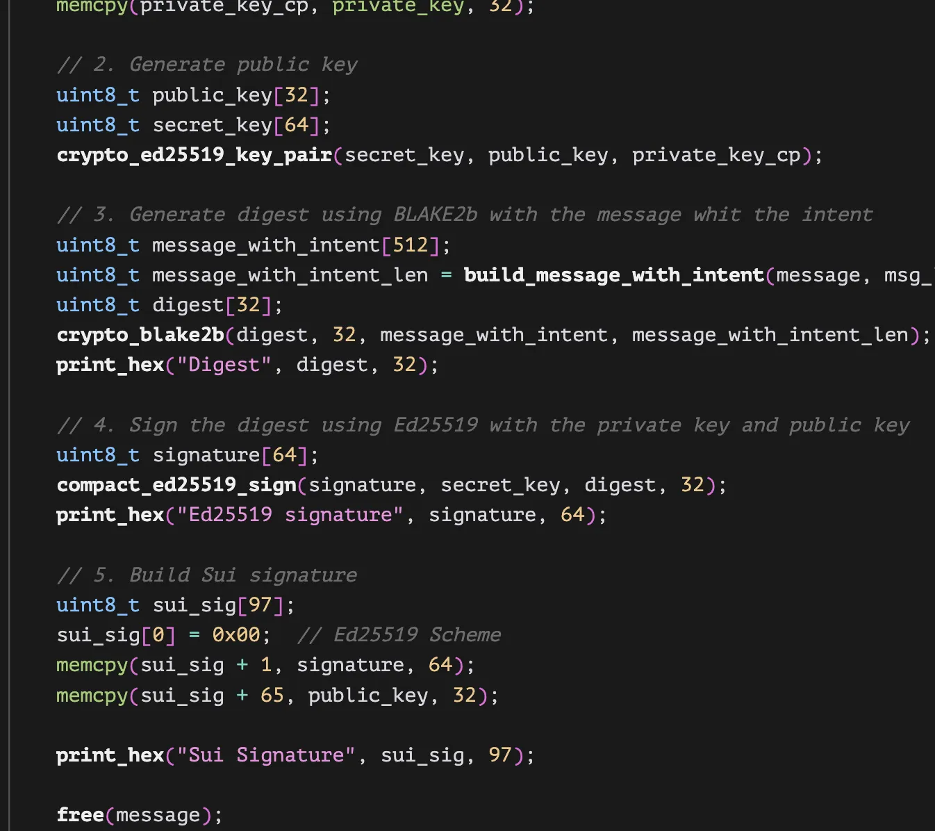 C code demonstrating digest generation and Ed25519 signing for Sui